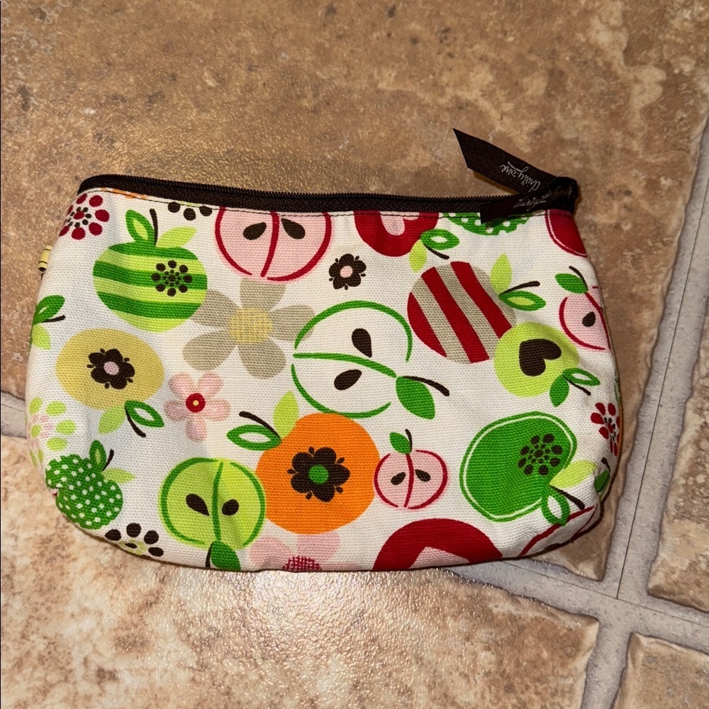 THIRTY ONE zippered pouch apple blossom floral colorful bag brn stripe interior